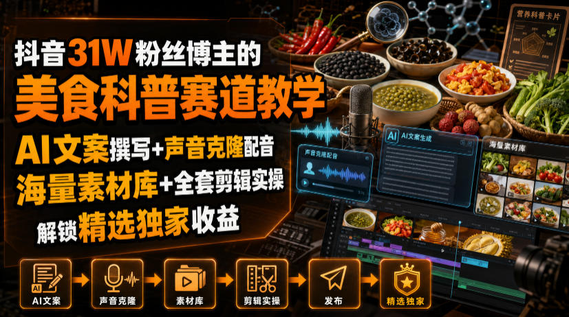 抖音31W粉丝博主的美食科普赛道教学，AI文案撰写+声音克隆配音+剪辑实操，解锁精选独家收益-轻创终点站