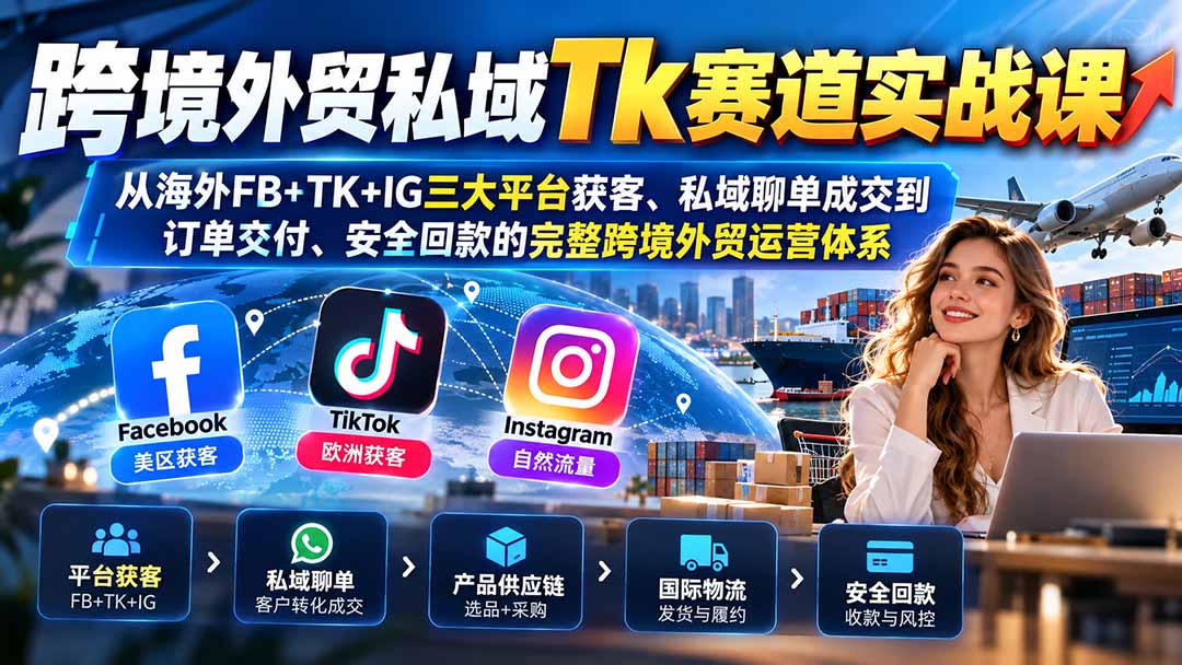 跨境外贸私域Tk赛道实战课：从海外FB+TK+IG三大平台获客、私域聊单成交到订单交付、安全回款的完整跨境外贸运营体系-轻创终点站