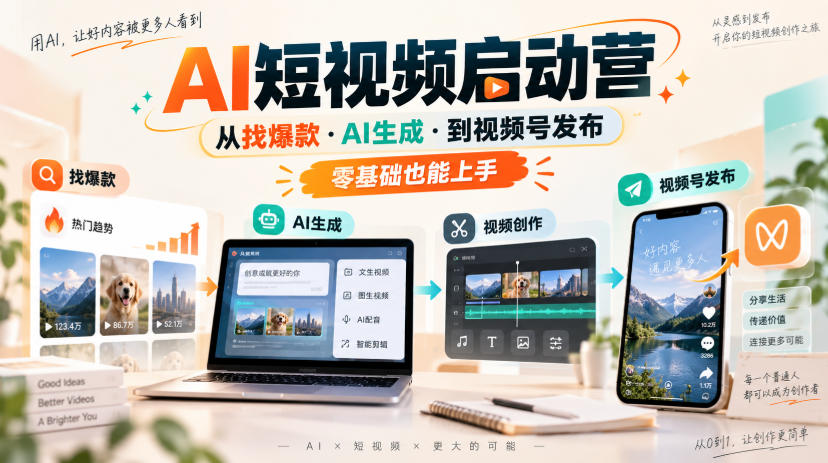 AI短视频启动营，从找爆款·AI生成·到视频号发布，零基础也能上手-轻创终点站