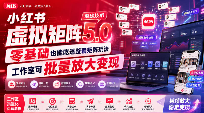 小红书虚拟矩阵5.0重磅技术，零基础也能吃透整套矩阵玩法，工作室可批量放大变现-轻创终点站