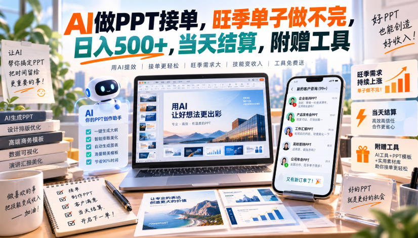 AI做PPT接单，旺季单子做不完，日入500+，当天结算，附赠工具【揭秘】-轻创终点站