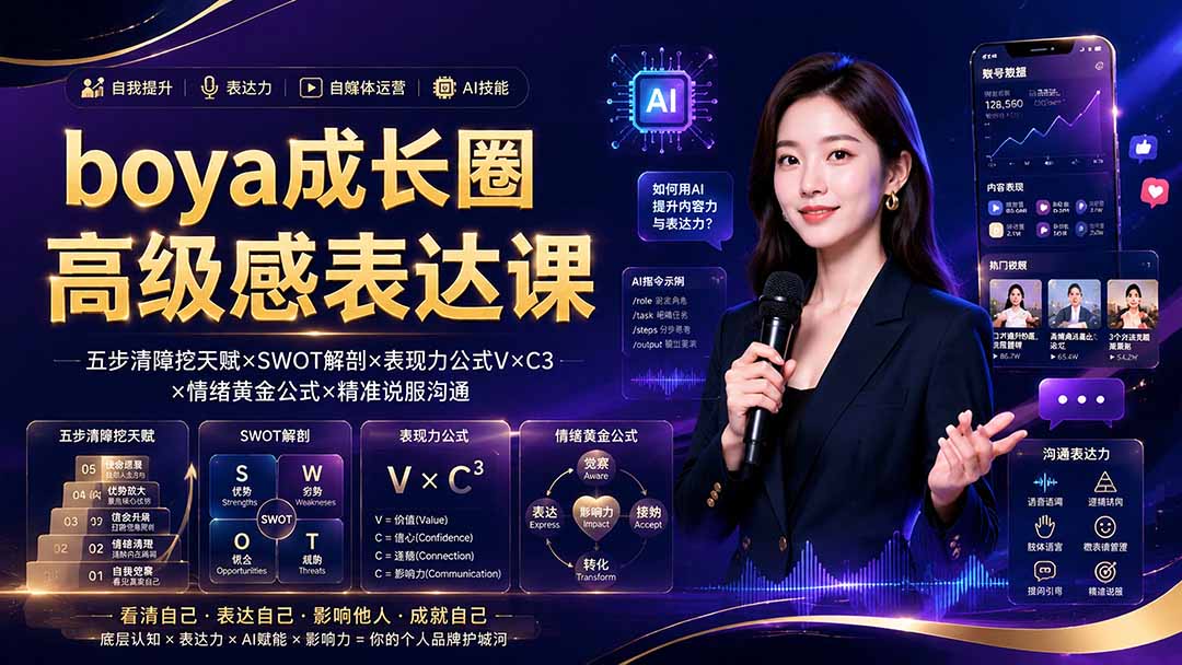 boya成长圈｜内心成长高级表达AI自媒体三合一，消解内耗挖掘天赋，镜头沟通AI指令短视频全流程教学-轻创终点站