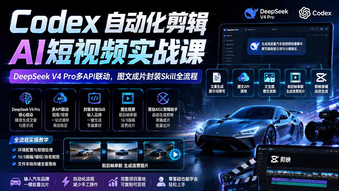 Codex自动化剪辑AI短视频实战课｜DeepSeek V4 Pro多API联动，图文成片封装Skill全流程-轻创终点站