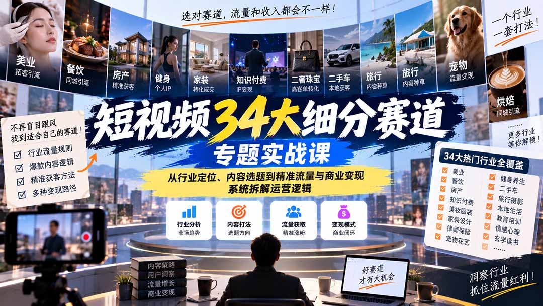 短视频34大细分赛道专题实战课：从行业定位、内容选题到精准流量与商业变现，系统拆解运营逻辑-轻创终点站