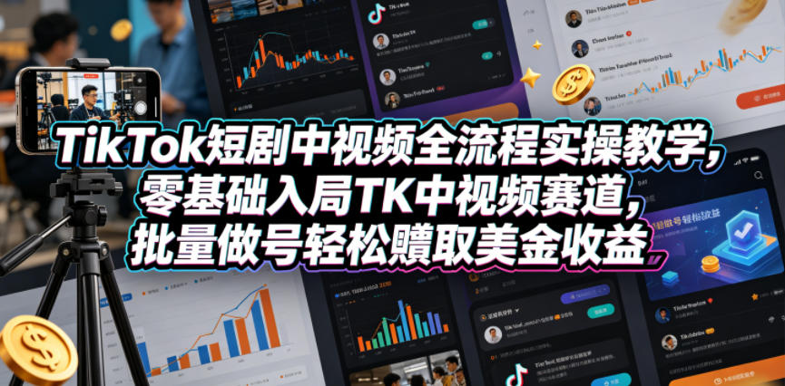 TikTok短剧中视频全流程实操教学，零基础入局TK中视频赛道，批量做号轻松賺取美金收益-源创文化:轻创终点站