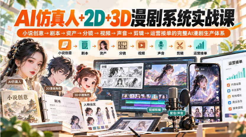 【无水印】AI仿真人+2D+3D漫剧系统实战课，小说创意→剧本→资产→分镜→视频→声音→剪辑→运营接单的完整AI漫剧生产体系-轻创终点站