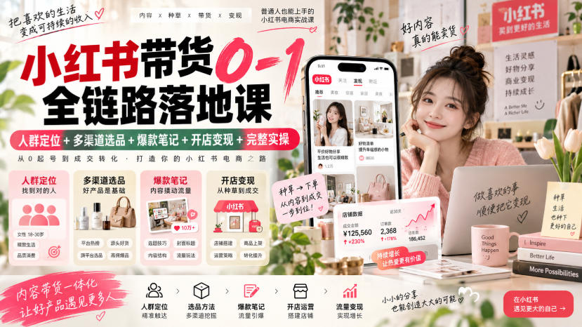 小红书带货0-1全链路落地课｜人群定位+多渠道选品+爆款笔记+开店变现完整实操-轻创终点站