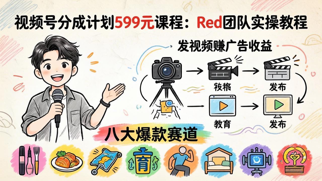 视频号分成计划599元课程：Red团队实操教程，发视频赚广告收益，八大爆款赛道全掌握-源创文化:轻创终点站