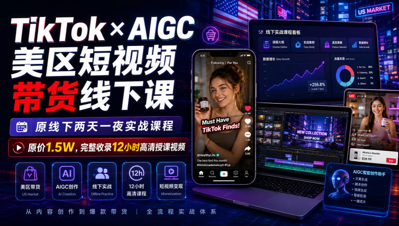 TikTok×AIGC美区短视频带货线下课，原线下两天一夜实战课程，原价1.5W，完整收录12小时高清授课视频-轻创终点站