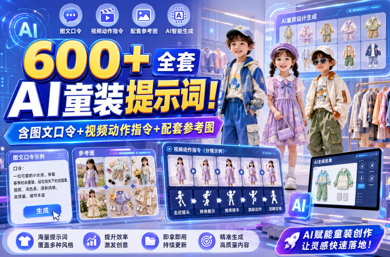 600+全套AI童装提示词！含图文口令+视频动作指令+配套参考图，Word-Excel规整分类，童装电商、种草无脑量产内容！-源创文化:轻创终点站