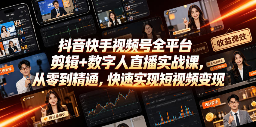 抖音快手视频号全平台剪辑+数字人直播实战课,从零到精通,快速实现短视频变现(更新2026年6月)-源创文化:轻创终点站