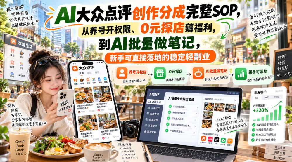 【无水印】AI大众点评创作分成完整SOP,从养号开权限、0元探店薅福利,到AI批量做笔记,新手可直接落地的稳定轻副业-轻创终点站