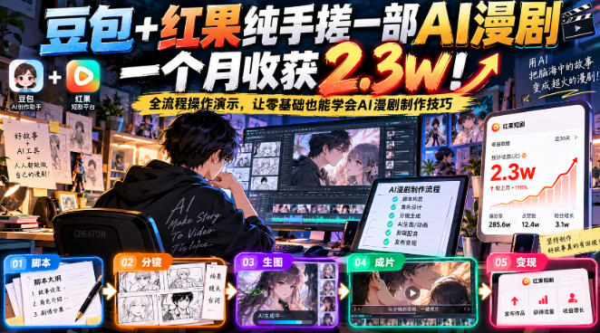 豆包+红果纯手搓一部AI漫剧一个月收获2.3w！全流程操作演示，让零基础也能学会AI漫剧制作技巧-轻创终点站
