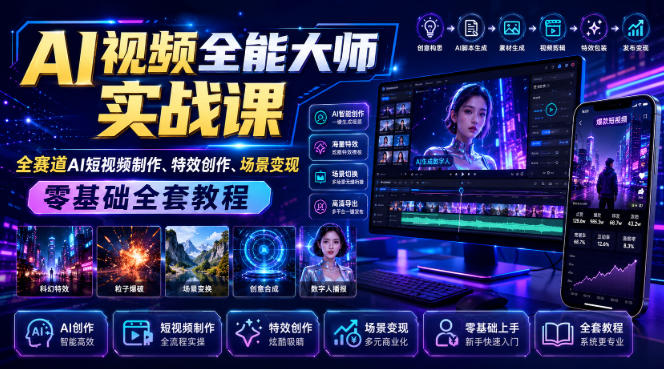 AI视频全能大师实战课|全赛道AI短视频制作、特效创作、场景变现零基础全套教程-轻创终点站