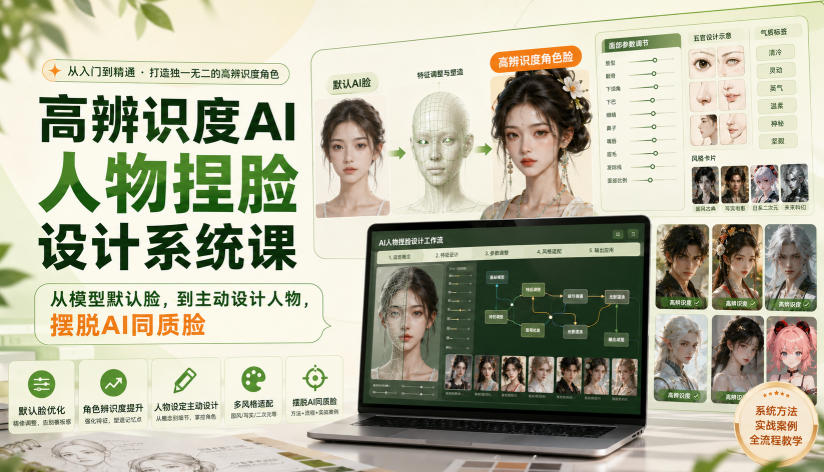 高辨识度AI人物捏脸设计系统课，从模型默认脸，到主动设计人物，摆脱AI同质脸-轻创终点站