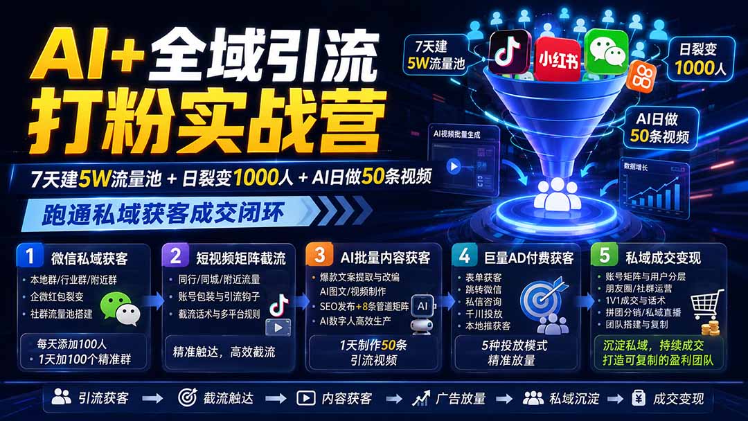 AI+全域引流打粉实战营：7天建5W流量池+日裂变1000人+AI日做50条视频，跑通私域获客成交闭环-轻创终点站