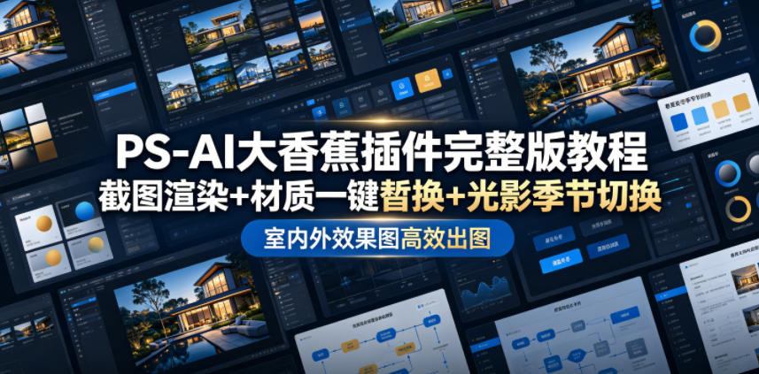 PS-AI大香蕉插件完整版教程，截图渲染+材质一键替换+光影季节切换，室内外效果图高效出图高阶课程-源创文化:轻创终点站
