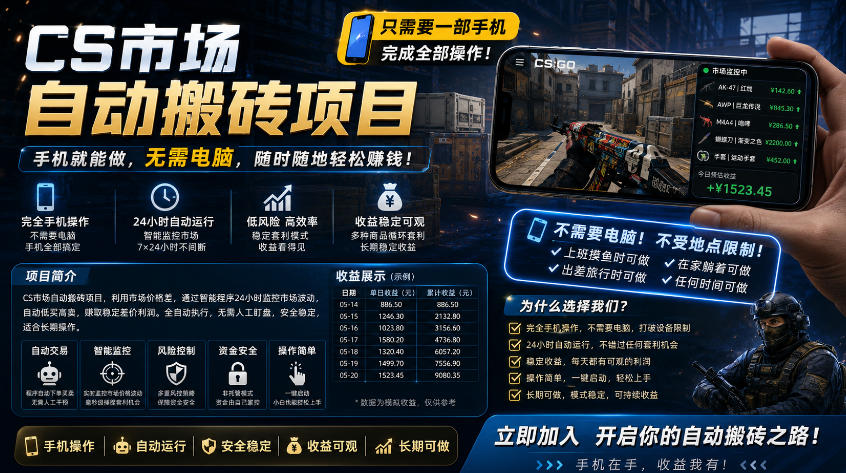 手机即可操作的CS市场自动搬砖系统｜自动监控｜自动下单|日入300+【揭秘】-源创文化:轻创终点站