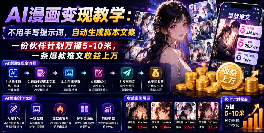 AI漫画变现教学：不用手写提示词，自动生成脚本文案，一份伙伴计划万播5-10米，一条爆款推文收益上W-源创文化:轻创终点站