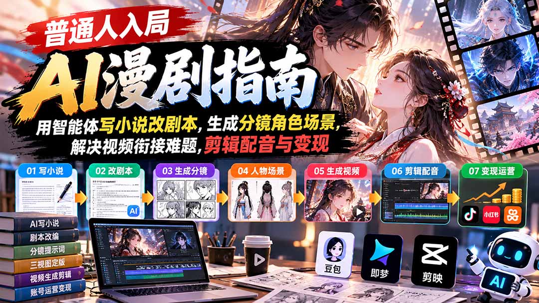 【无水印】普通人入局AI漫剧指南：用智能体写小说改剧本，生成分镜角色场景，解决视频衔接难题，剪辑配音与变现-轻创终点站