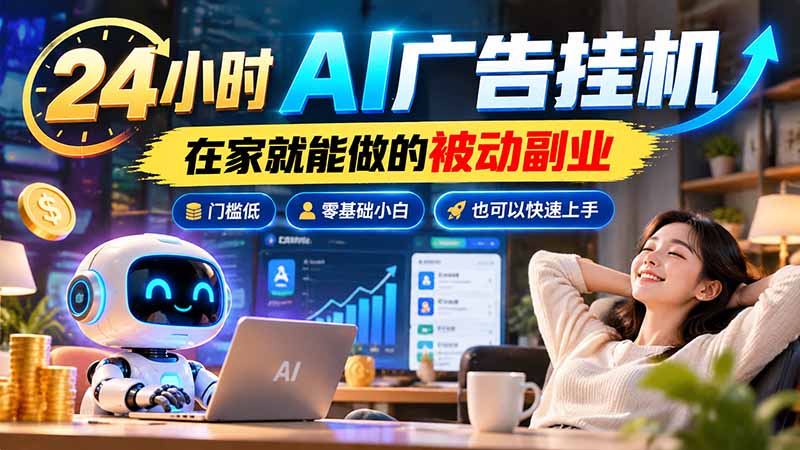 24小时AI广告挂机｜在家就能做的被动副业，门槛低，零基础小白也可以快速上手-轻创终点站