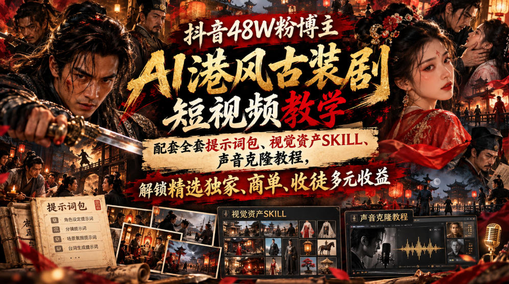 抖音48W粉博主AI港风古装剧短视频教学，配套全套提示词包、视觉资产SKILL、声音克隆教程，解锁精选独家、商单、收徒多元收益-轻创终点站