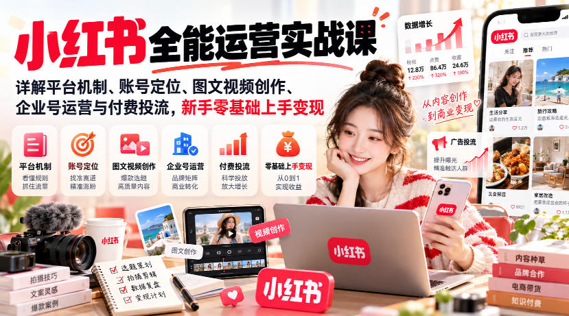 小红书全能运营实战课，详解平台机制、账号定位、图文视频创作、企业号运营与付费投流，新手零基础上手变现-轻创终点站