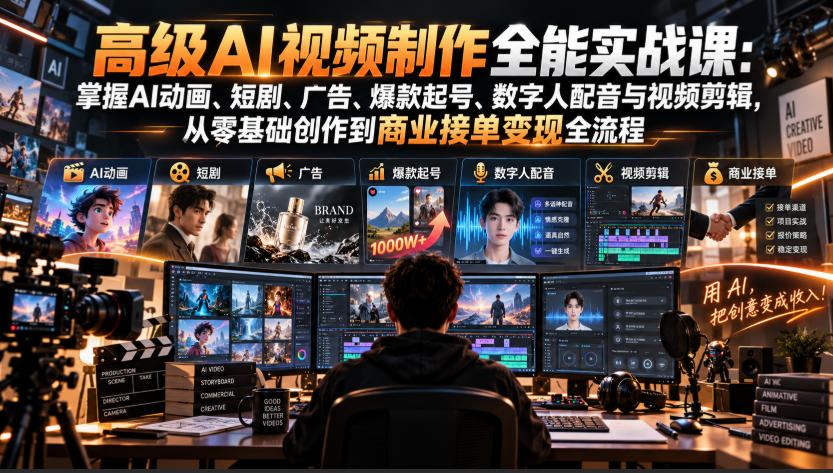 高级AI视频制作全能实战课：掌握AI动画、短剧、广告、爆款起号、数字人配音与视频剪辑，从零基础创作到商业接单变现全流程-轻创终点站