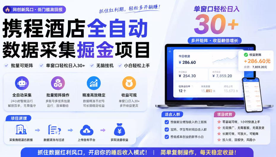 携程酒店全自动采集项目，全程自动浏览，可批量矩阵放大，单机日收300+【揭秘】-轻创终点站