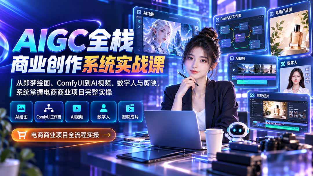 AIGC全栈商业创作系统实战课-无水印：从即梦绘图、ComfyUI到AI视频、数字人与剪映，系统掌握电商商业项目完整实操-轻创终点站