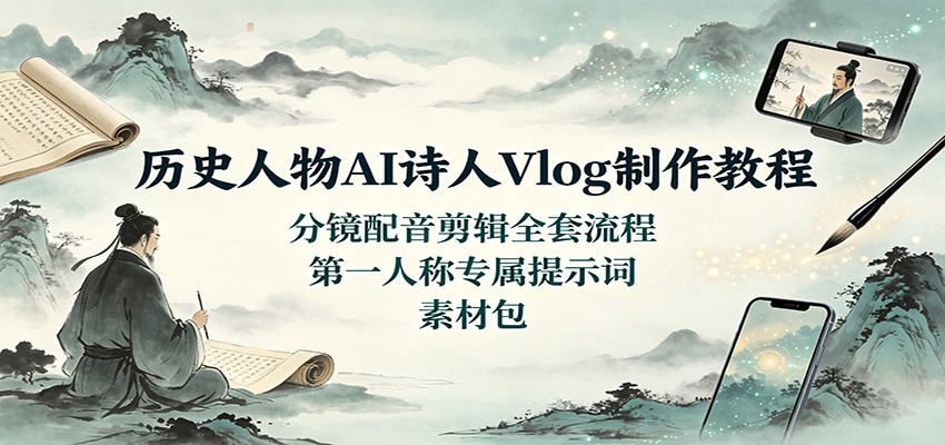 历史人物AI诗人Vlog制作教程：分镜配音剪辑全套流程，第一人称专属提示词素材包-轻创终点站