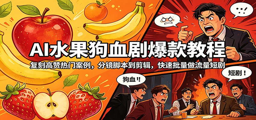 AI水果狗血剧爆款教程：复刻高赞热门案例，分镜脚本到剪辑，快速批量做流量短剧-源创文化:轻创终点站