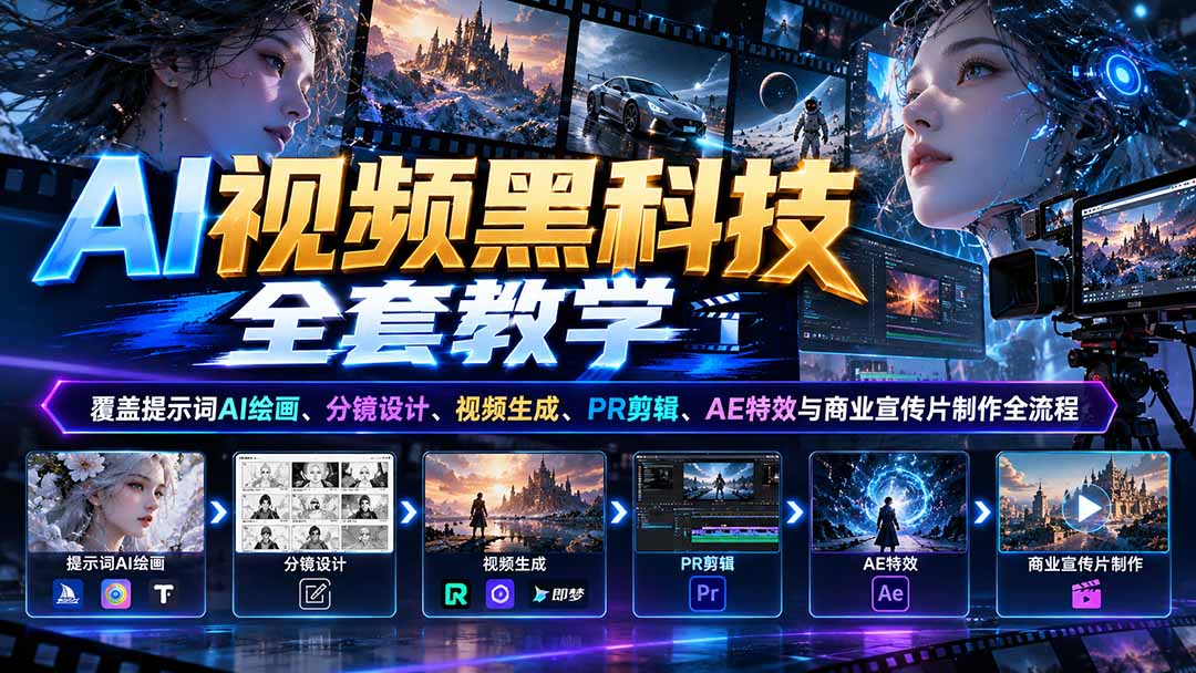 AI视频黑科技全套教学：覆盖提示词AI绘画、分镜设计、视频生成、PR剪辑、AE特效与商业宣传片制作全流程-轻创终点站