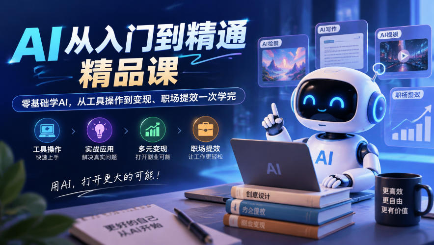 AI从入门到精通精品课，零基础学AI，从工具操作到变现、职场提效一次学完-轻创终点站