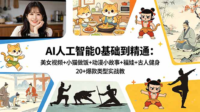AI人工智能0基础到精通：美女视频+小猫做饭+动漫小故事+福娃+古人健身，20+爆款类型实战教学-源创文化:轻创终点站