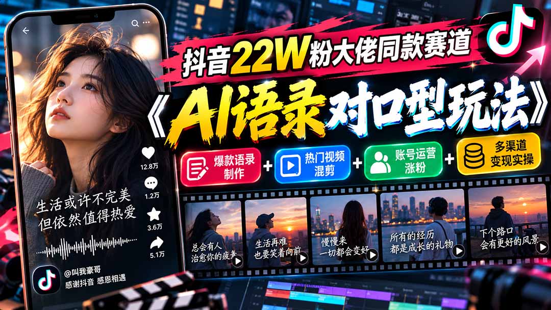 抖音22W粉大佬同款赛道《AI语录对口型玩法》：爆款语录制作+热门视频混剪+账号运营涨粉+多渠道变现实操-轻创终点站
