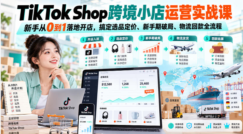 TikTok Shop跨境小店运营实战课,新手从0到1落地开店,搞定选品定价、新手期破局、物流回款全流程-轻创终点站
