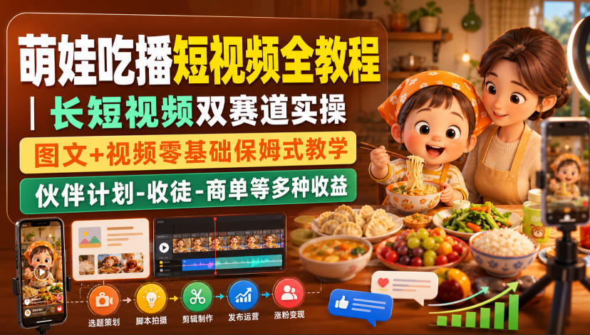 萌娃吃播短视频全教程|长短视频双赛道实操,图文+视频零基础保姆式教学,伙伴计划-收徒-商单等多种变现方式-轻创终点站