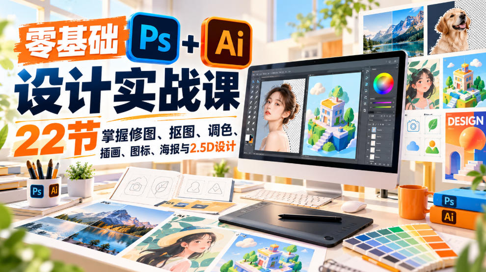 【无水印】零基础PS+AI设计实战课｜22节掌握修图、抠图、调色、插画、图标、海报与2.5D设计-轻创终点站