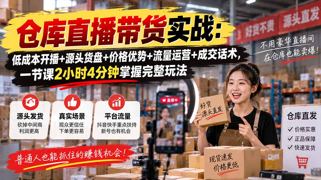 仓库直播带货实战：低成本开播+源头货盘+价格优势+流量运营+成交话术，一节课2小时4分钟掌握完整玩法-轻创终点站