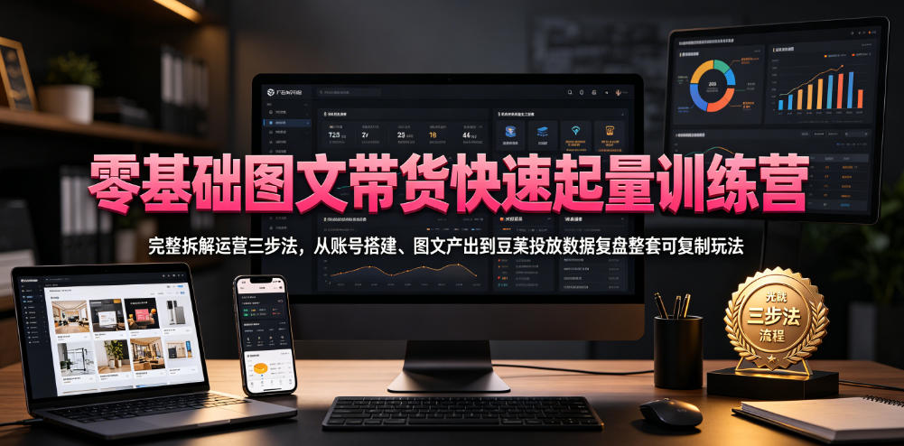 零基础图文带货快速起量训练营,完整拆解运营三步法,从账号搭建、图文产出到豆荚投放数据复盘整套可复制玩法-源创文化:轻创终点站