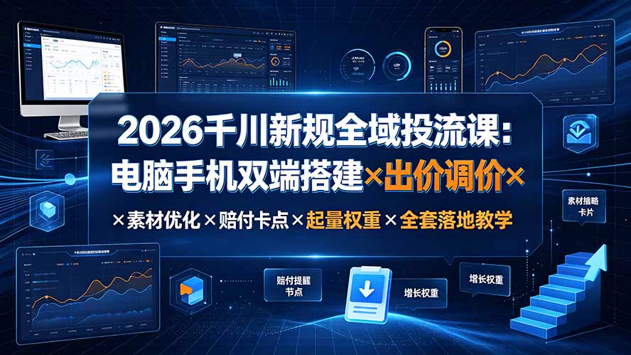 2026千川新规全域投流课：电脑手机双端搭建×出价调价×素材优化×赔付卡点×起量权重×全套落地教学-轻创终点站