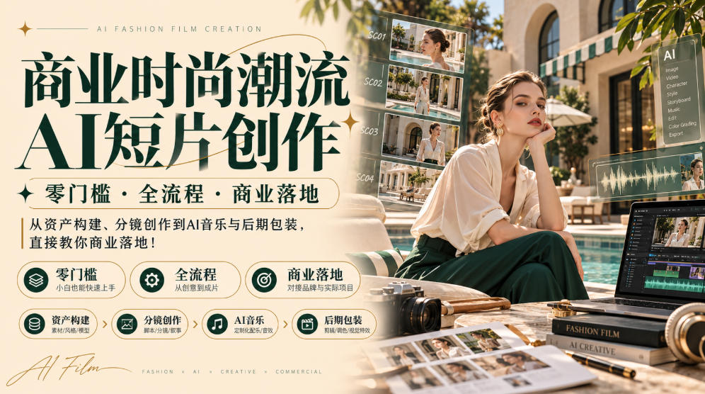 商业时尚潮流AI短片创作｜零门槛・全流程・商业落地，从资产构建、分镜创作到AI音乐与后期包装，直接教你商业落地！-轻创终点站