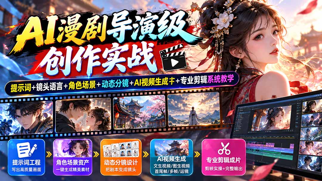 AI漫剧导演级创作实战：提示词+镜头语言+角色场景+动态分镜+AI视频生成+专业剪辑系统教学-轻创终点站