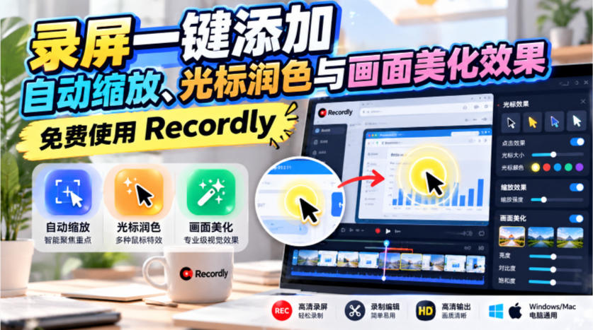 录屏一键添加自动缩放、光标润色与画面美化效果，免费使用Recordly-轻创终点站