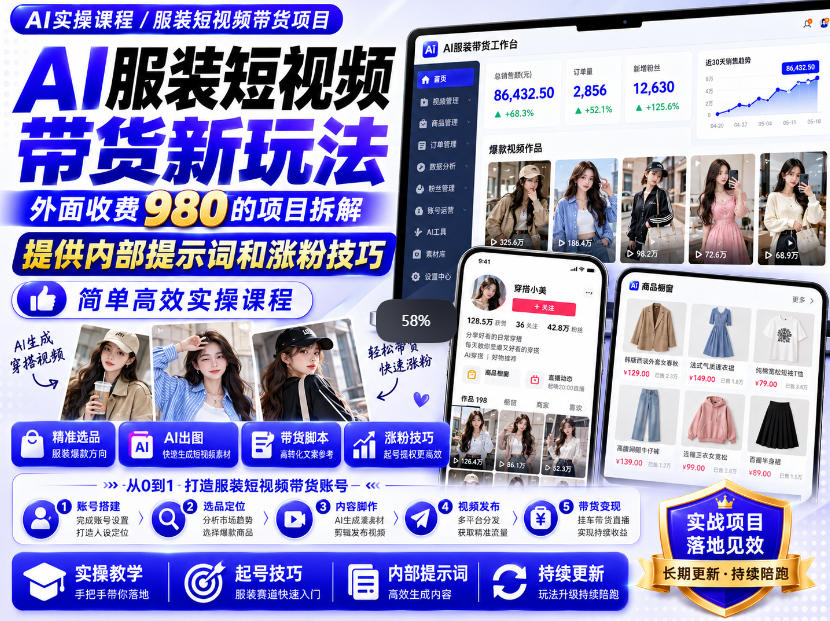 外面收费980AI快手带货系统课程，内部课程首次外放，操作简单高效，一分钟一条爆款视频-轻创终点站