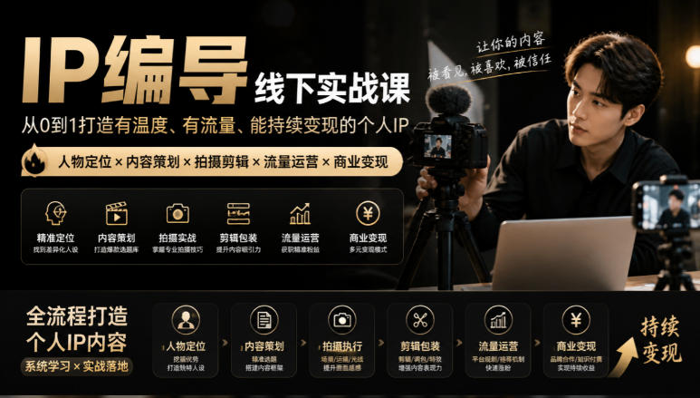 【无水印】IP编导线下实战课，从人物定位到短视频拍摄剪辑，全流程打造有温度、有流量、能持续变现的个人IP内容-轻创终点站