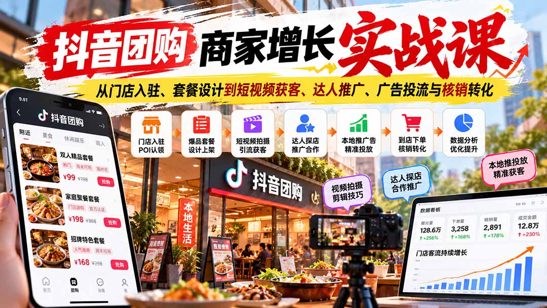 抖音团购商家增长实战课：从门店入驻、套餐设计到短视频获客、达人推广、广告投流与核销转化-轻创终点站
