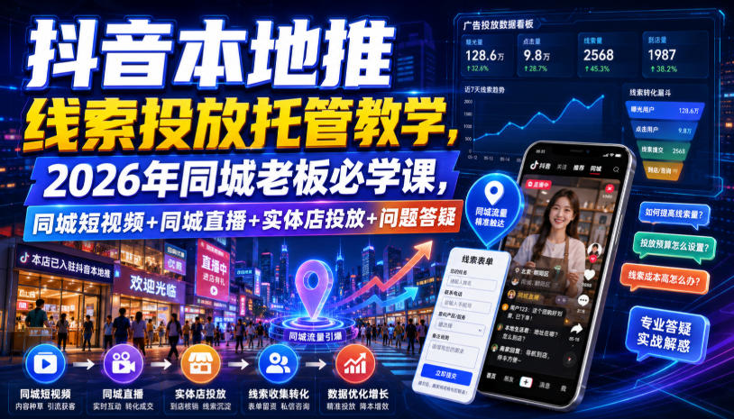 抖音本地推线索投放托管教学，2026年同城老板必学课，同城短视频+同城直播+实体店投放+问题答疑-轻创终点站