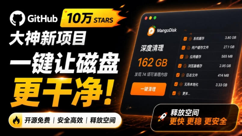在Gtihub上做出10万stars的大神，又发布新项目了！一键让磁盘更干净，开源免费清理工具MangoDisk-轻创终点站